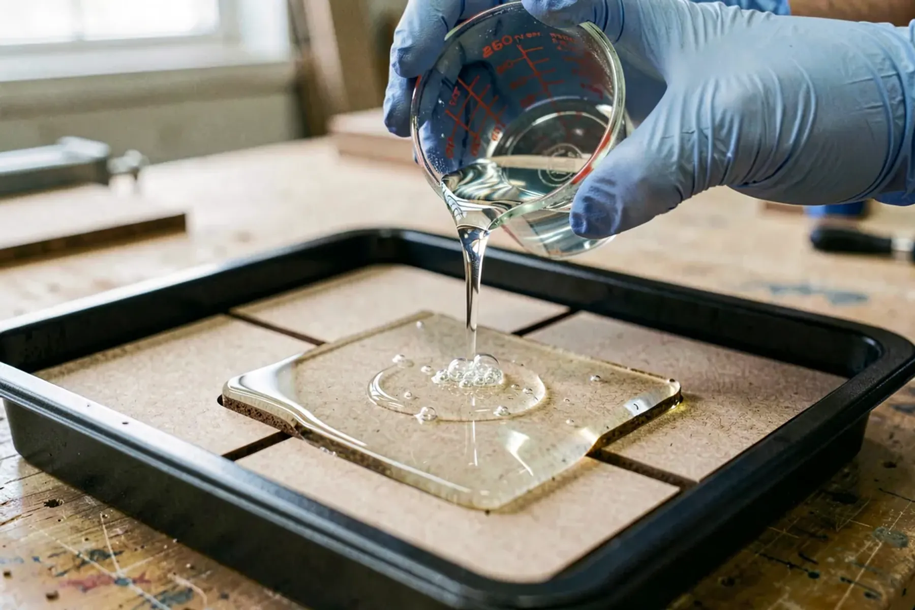 Pouring & curing — epoxy is cast over the printed core and left to set to a glass-clear dome